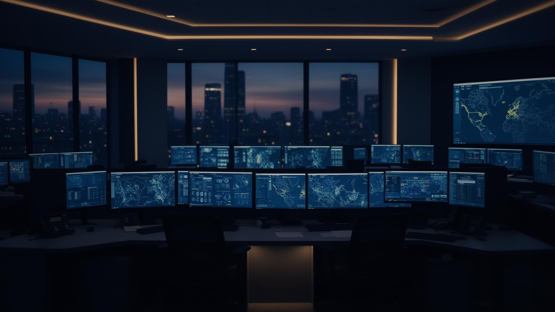 Secure operations control room at twilight