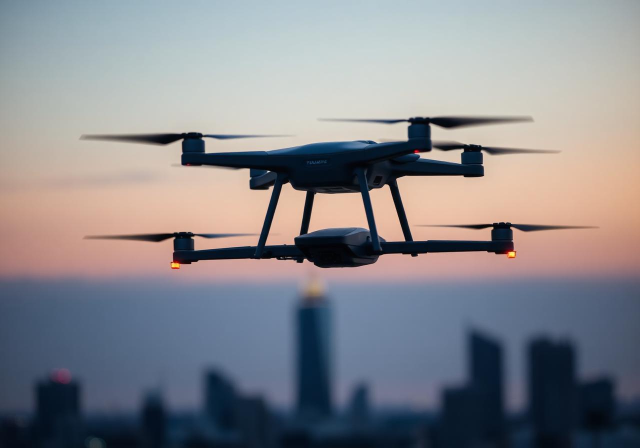 Professional law enforcement drone in flight at dusk